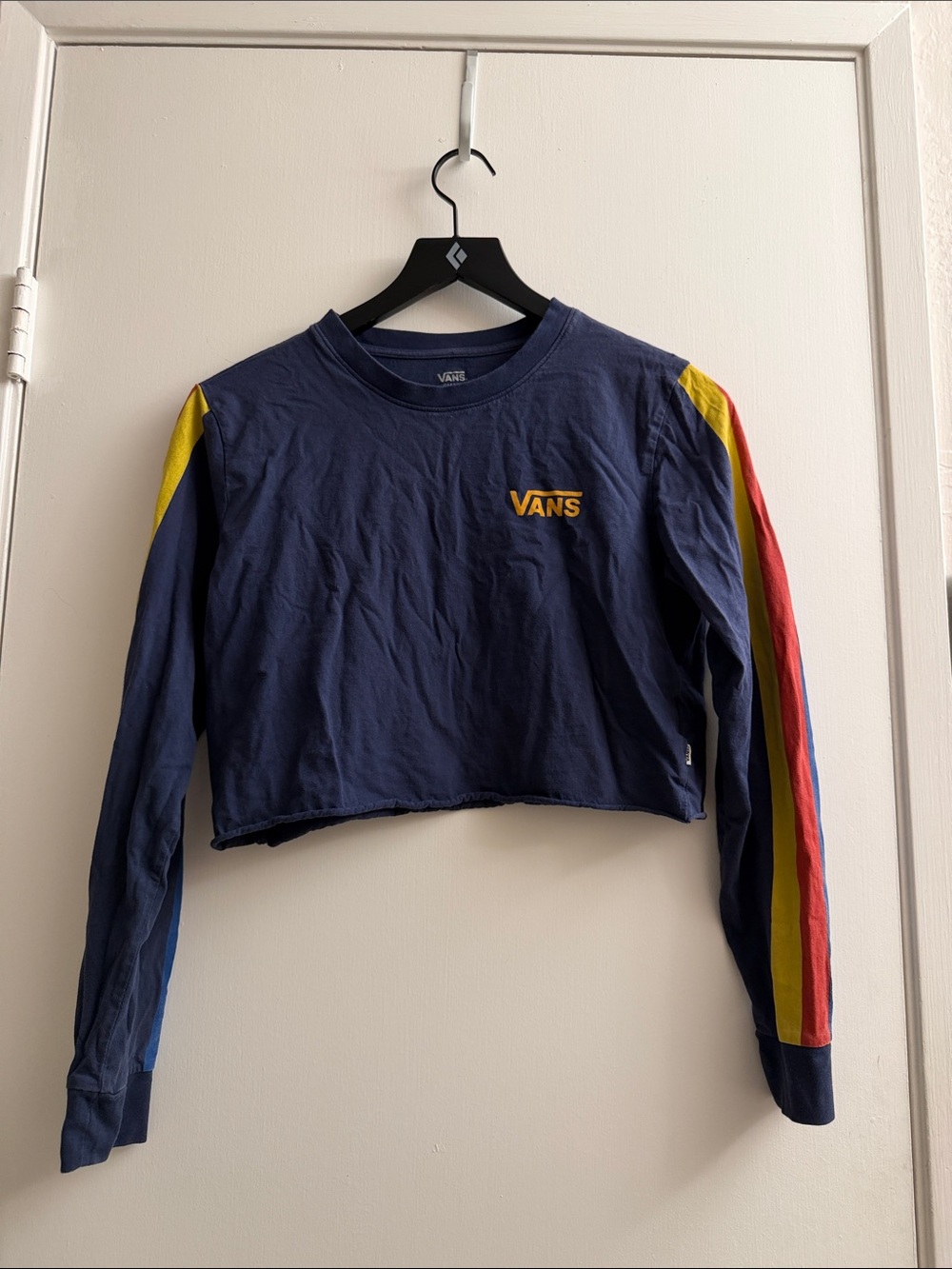 Vans Navy Cropped Long-Sleeve Top with Yellow and Red Sleeve Stripes